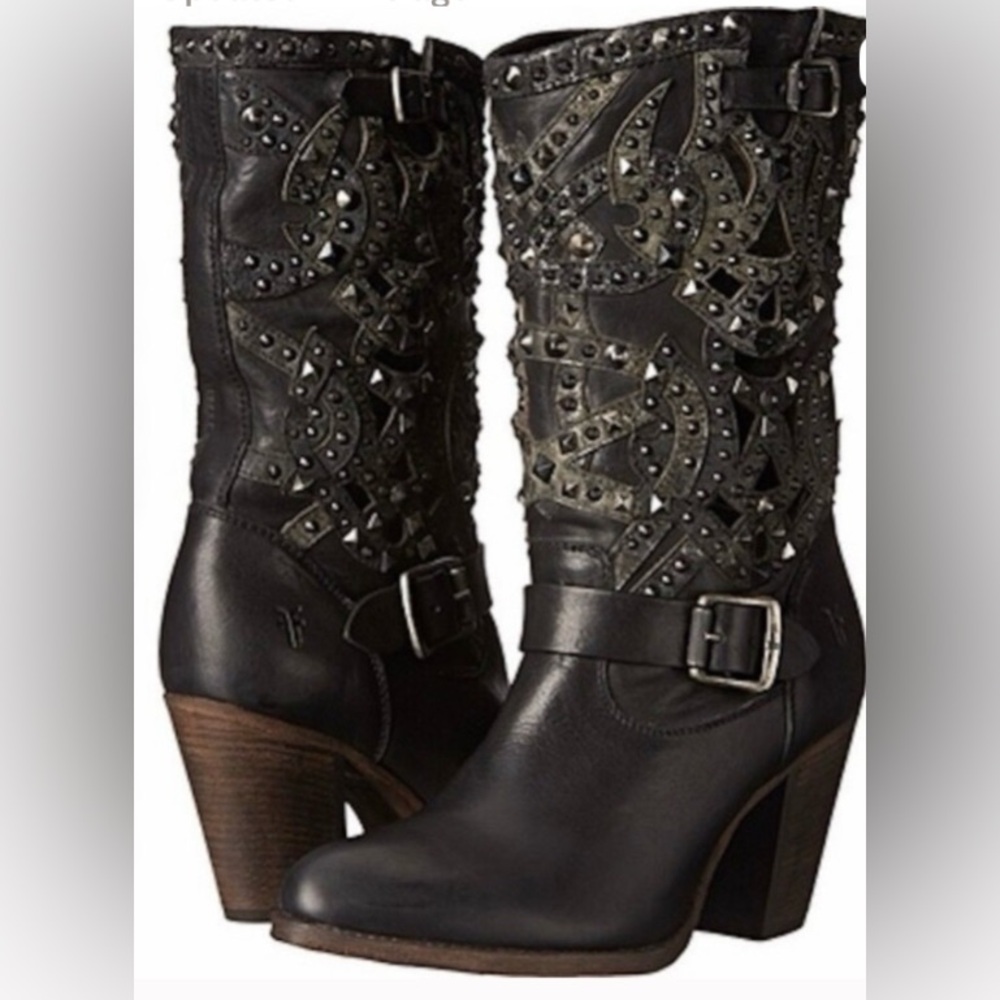 Frye Ilana Deco Black Hand-Studded Metal Embellished Western Boot